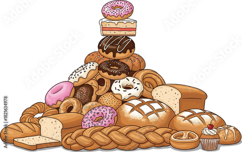 Appetizing Pastry Pyramid Stack: Fresh Baked Breads, Doughnuts, Cake Display for Bakery, Cafe Menu Design & Delicious Food Illustrations, Sweet Treats for Breakfast, Brunch, Dessert, Carbohydrates, Co