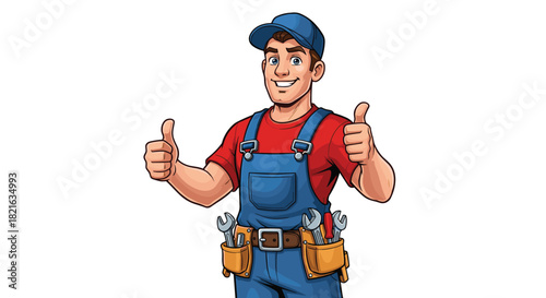 Cartoon Plumber Giving Thumbs Up Approval: Cheerful Handyman in Blue Overalls with Tool Belt Offering Positive Feedback on White Background for Home Repair Services, Promoting Quality Craftsmanship an