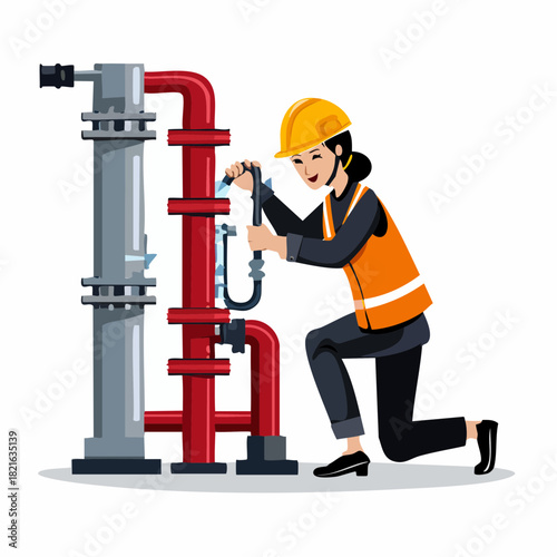 Female engineer adjusting valves on industrial pipeline wearing hard hat and safety vest in factory environment showcasing skilled labor and precision.