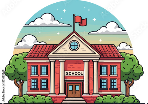Charming School Building Illustration in Daytime Setting, Promoting Education & Community Engagement: Ideal for Presentations, Websites & Educational Materials, Depicting Learning, Growth & Developmen