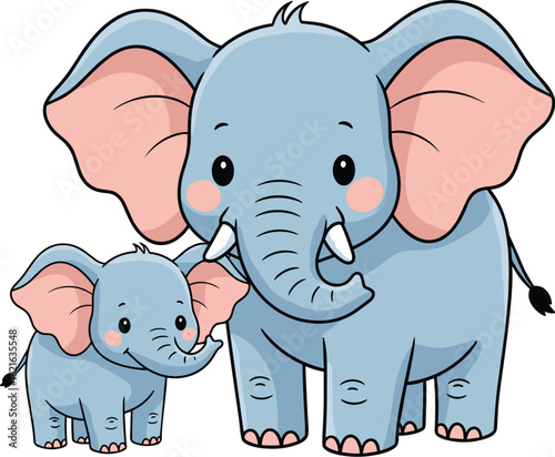 Adorable Elephant Family Illustration, Mother and Baby Together in the Wild, a Heartwarming Wildlife Scene Representing Love and Care, Perfect for Children's Books, Nursery Decor, or Conservation Awar