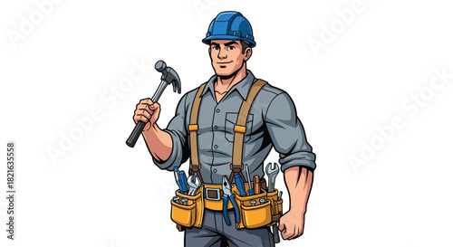 Confident Construction Worker Holding Hammer Ready to Build & Repair: Skilled Tradesman Cartoon Character for Professional Services, Maintenance, & Home Improvement Advertising, Presentation & Marketi