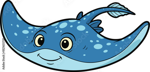 Adorable Cartoon Stingray Swimming Happily in the Ocean Depths, a Cheerful Sea Creature Illustration for Children's Education & Marine Biology, Whimsical Underwater Life Graphic for Web & Print, Vecto