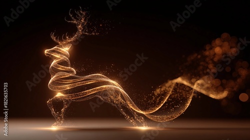 Abstract glowing reindeer made of golden particles
