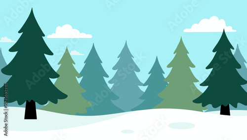A bright cartoon-style fir tree forest christmas scene