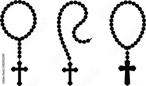 Three Black Rosaries with Crosses on White Background