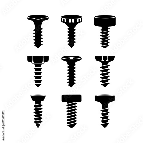 Collection of Black Screw Silhouettes on White Background