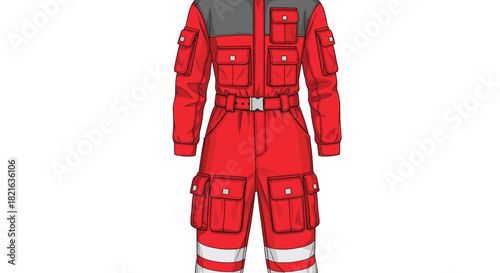Red Emergency Responder Jumpsuit Isolated on White:  Paramedic Safety Gear for Rescue Operations in Hazardous Environments, Technical Apparel for Industrial Workers, Uniform for Firefighters, Modern