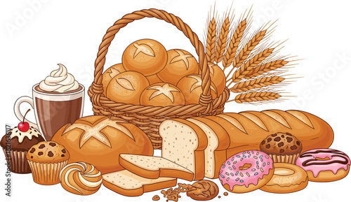 Artisanal Bakery Goods Assortment Displayed: Fresh Breads, Pastries, and Hot Chocolate in a Basket and Around it, a Delicious Selection for Breakfast, Brunch or Dessert, Ideal for Food Blogs, Recipes,