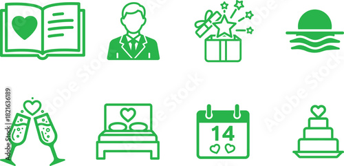 Green Wedding Icon Set with Love Theme Book Suited Man Gift Sea February Date and Cake Symbols Line Style Vector Graphic