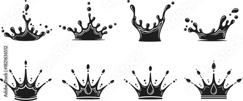 Water splash crown silhouettes set featuring dynamic liquid motion and elegant splash shapes ideal for design elements branding illustration projects