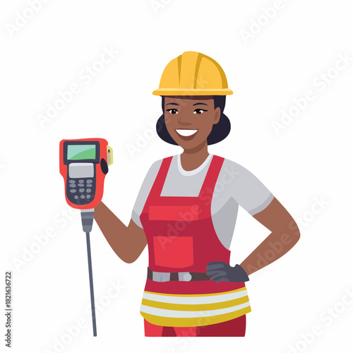 Smiling female engineer in red overalls holding measuring device on construction site inspecting equipment with confident and professional demeanor.