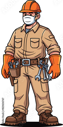 Essential Worker Wearing Mask Ready for Industrial Maintenance: Cartoon Style Construction Worker with Tools Doing Repairs, Inspection Illustration for Engineering, Architecture, Skilled Trades and Sa