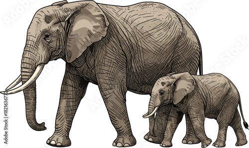 African Elephant Family Walking Together: Wildlife Conservation, Mammal Protection, Graphic Animal Illustration, Wildlife Safari, Endangered Species Awareness, Nature Education Design, Animal Care, Tr