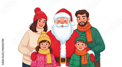 Festive Family with Santa Claus Cartoon Celebrating Christmas Together, Posing with Joy and Merriment for a Holiday Portrait against a White Background, Conveying Happiness and Warmth for Lifestyle Pr