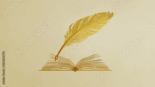 Elegant golden quill pen writing above an open book, symbolizing literature, wisdom, and classic education concepts.
