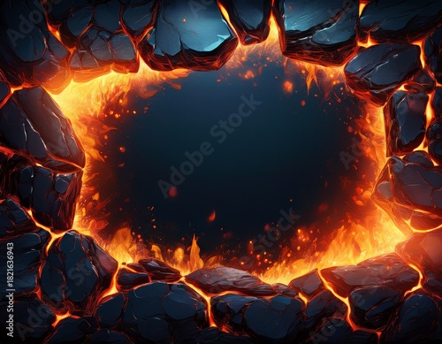 a fiery lava rock frame with glowing embers and cracks