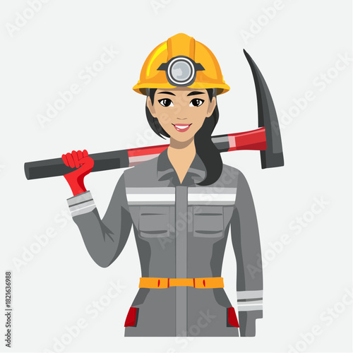 Smiling female miner carrying pickaxe over her shoulder in a brightly lit mine, ready for a hard day's work, showing determination and resilience.