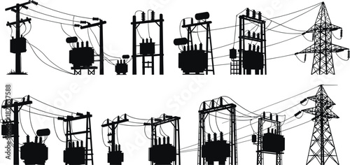 High-voltage electrical substation and power distribution network silhouettes illustrating energy transmission infrastructure, utility equipment, and industrial electricity systems.