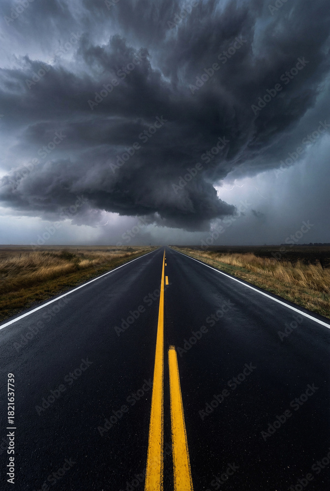 Fototapeta premium Long straight road under a dramatic stormy sky with dark, heavy clouds