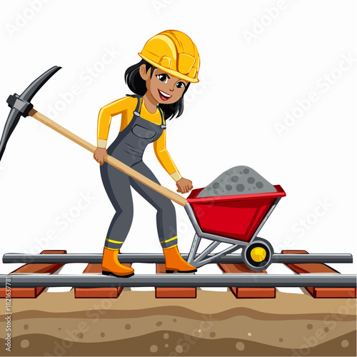 Smiling construction worker pushes wheelbarrow filled with gravel along railway tracks at construction site, showcasing hard work and determination.