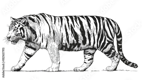 Detailed black and white ink illustration of a powerful tiger walking, side view. Majestic wild cat predator, wildlife drawing.