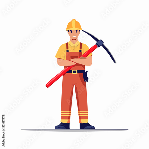 Smiling construction worker holding pickaxe on white background depicting hard work and dedication in a modern, clean style.