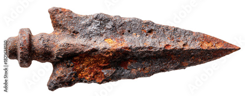 Top-down view of a rust-covered spearhead fragment, isolated on transparent background, archaeological weapon relic, sharp focus