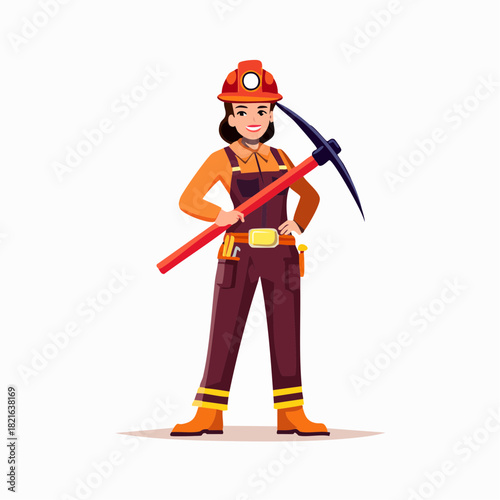 Confident female miner holding pickaxe stands in mine wearing safety helmet and overalls, symbolizing strength and determination in the mining industry.