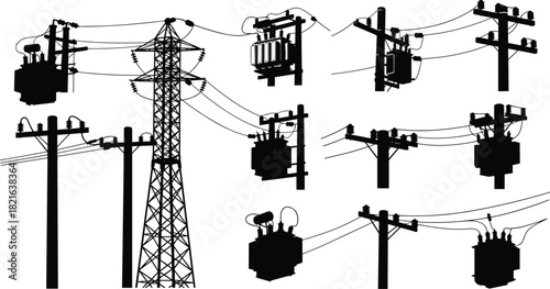 Electric Power Distribution and Transmission Infrastructure: Utility Poles, Transformers, and Grid Tower Silhouette Set
