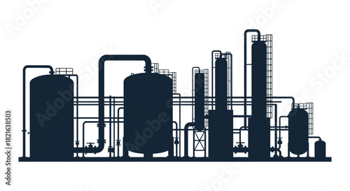 Industrial complex with tanks and pipes a dark blue silhouette