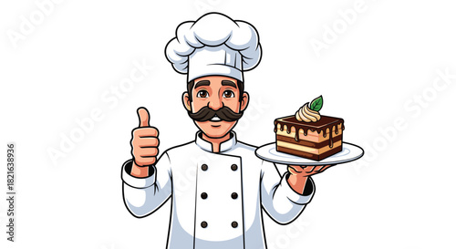 Enthusiastic Chef Presenting Exquisite Cake Slice with a Thumbs Up in a Professional Kitchen Environment for Restaurant Promotions and Culinary Arts Demonstrations (Illustration Style, Confident Baker