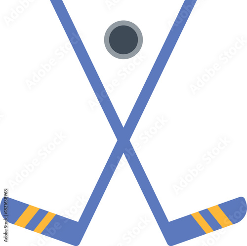 A blue and yellow hockey stick with a black circle in the middle