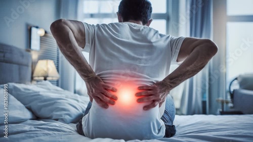 A man suffering from lower back pain, touching muscle inflammation on his bed, lumbar red warning highlight