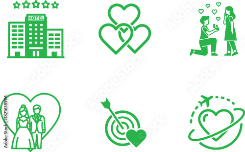Love and Romance Icons Set for Wedding Planning and Travel Promotion with Hotel Stay and Engagement Anniversary Celebration Symbolism and Travel Planning