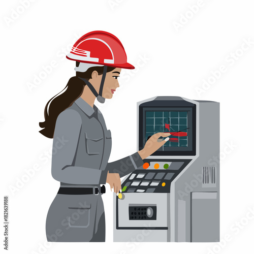 Female engineer operating cnc machine in factory setting, carefully monitoring the display and making adjustments with precision, showcasing industrial expertise.