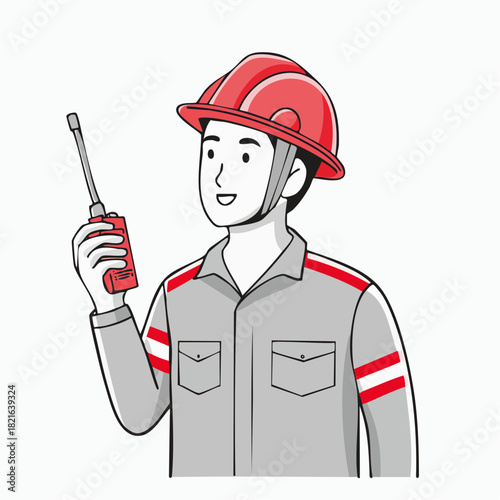 Smiling construction worker communicates with radio on job site, ensuring safety and coordination during a busy workday.