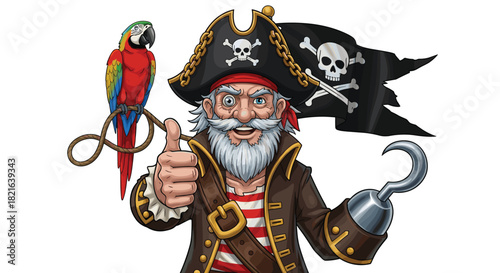 Cartoon Pirate Giving Thumbs Up with Parrot and Jolly Roger Flag – Old Buccaneer Character with Hook Hand Approving Adventure and Treasure Hunts, Ideal for Children's Illustration, Entertainment, Mark