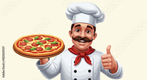 Cheerful Italian Chef Presenting Delicious Pepperoni Pizza with a Thumbs Up in a Restaurant Setting, Perfect for Promoting Food Services,  Showcasing Culinary Expertise, and Enhancing Marketing Materi