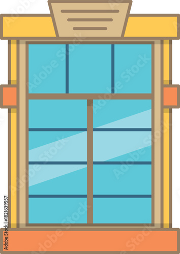 A window with a yellow frame and blue glass