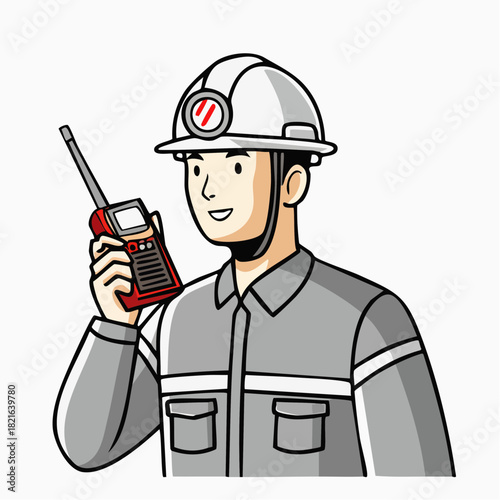 Smiling construction worker holding walkie talkie on a construction site, communicating with team members for efficient workflow and safety.