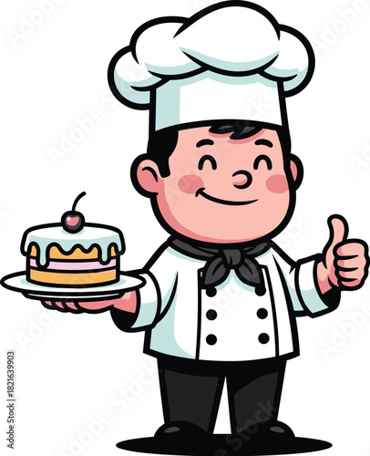 Cartoon Chef Baker Holding Cake Giving Thumbs Up in Restaurant Setting, Representing Culinary Excellence and Baking Success for Food Industry Marketing (Cheerful Cook, Confectionery, Sweet Treat, Sati