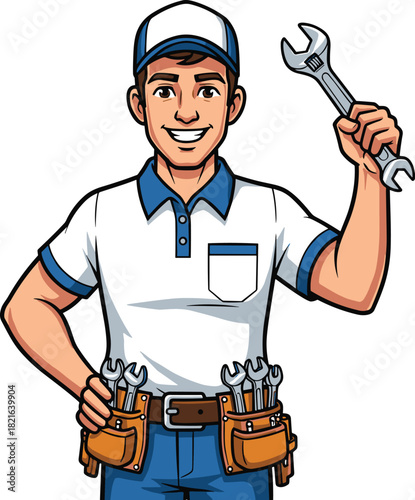 Smiling Handyman Holding Wrench Inspecting System for Repair in Home Service Industry, Cartoon Tradesman Ready for Plumbing or Mechanical Work, Maintenance Man Character for Business Presentation or W