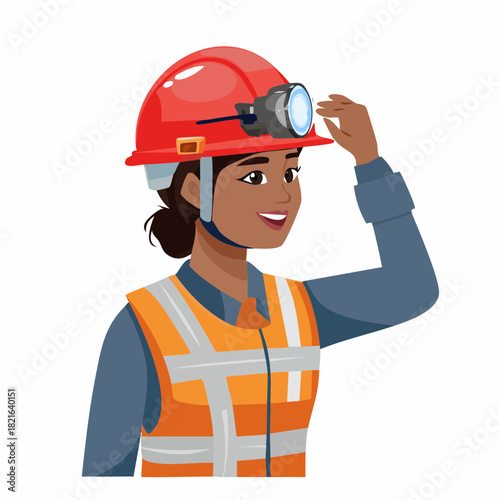 Smiling female construction worker adjusts her hard hat with a headlamp on a building site, showcasing safety and preparedness in the workplace.