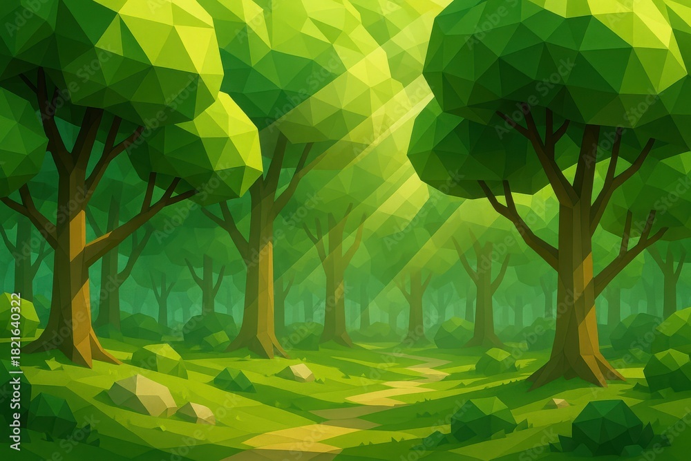 Fototapeta premium Green Forest Fantasy Landscape Digital Illustration with Lush Trees and Soft Lighting