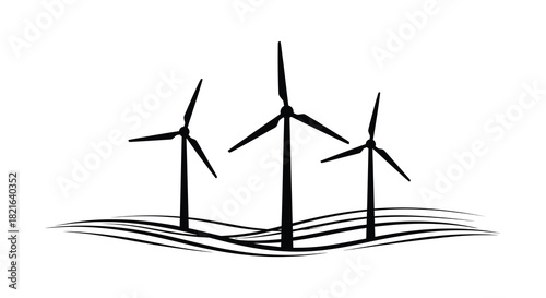 Simple illustration of wind turbines on a hill black and white silhouette