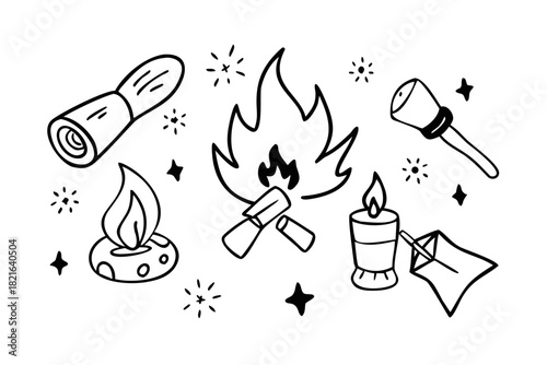 Camping doodles campfire marshmallows flashlight vector