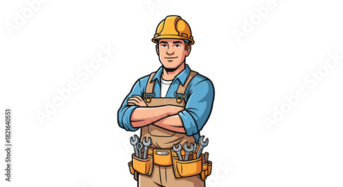Confident Construction Worker with Arms Crossed on Building Site, Ready to Work on Residential and Commercial Projects, Ideal for Brochures, Presentations, Skilled Trades and Industry Graphics(Cartoon
