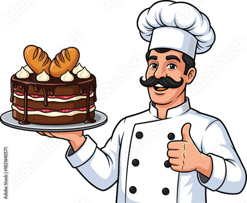 Cheerful Baker Presenting Delicious Layer Cake with Bread Topping in Restaurant Kitchen: Professional Chef Holding Dessert Plate, Serving Sweet Treat, Bakery Business Concept, Cartoon Illustration Sty
