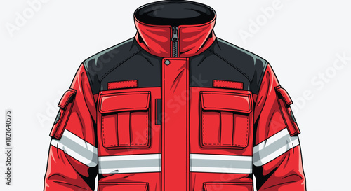 Illustration of a Red Emergency Medical Services Jacket on White Backdrop for Healthcare Presentations, Website Design, and Advertising, Depicting Professionalism, Safety, and Preparedness, Perfect fo
